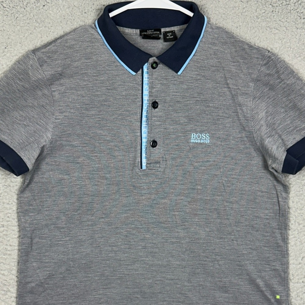 Hugo Boss Polo Shirt Mens Medium Slim Fit Grey Navy Trim Casual Short Sleeve